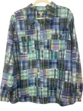 L.L. Bean Cotton Patchwork Blue, Mint & Cream Long Sleeve Button Down 3X Blouse